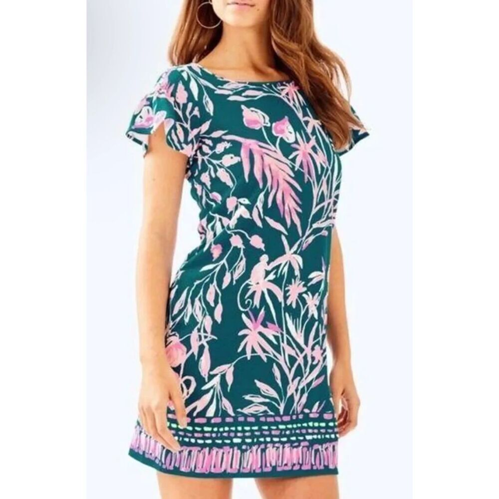 LILLY PULITZER Teal Blue Green Pink Floral Flutter Sleeve Marah Mini Dress Small